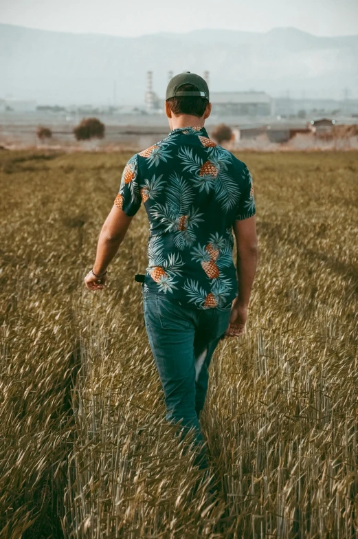 the man is walking through a wheat field