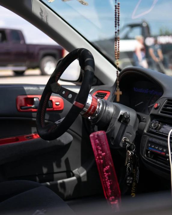 a steering wheel and dashboard in a car