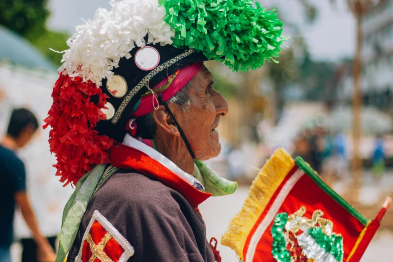 a man in costume is holding a flag