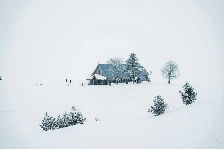 there is a snow - covered hill next to a house and tree