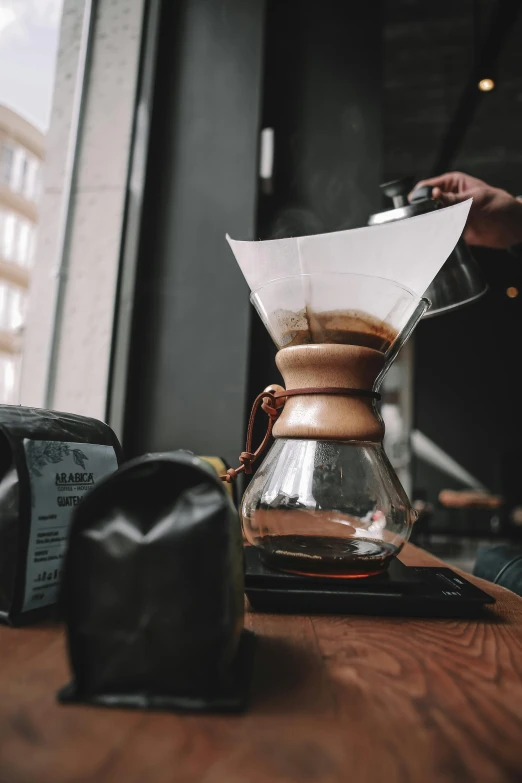 a pourfefete set on top of a wooden table