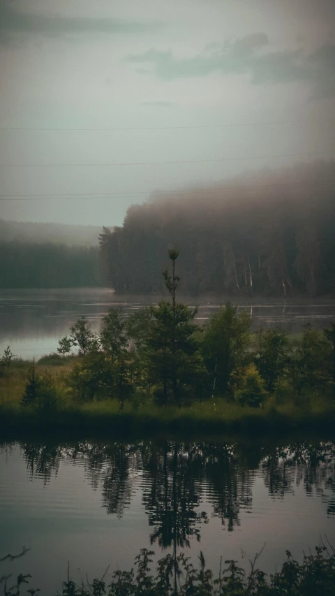 a lake in front of a forested area on a rainy day