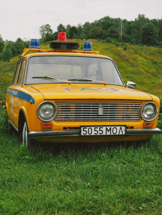 the front end of a yellow police car in a grassy field