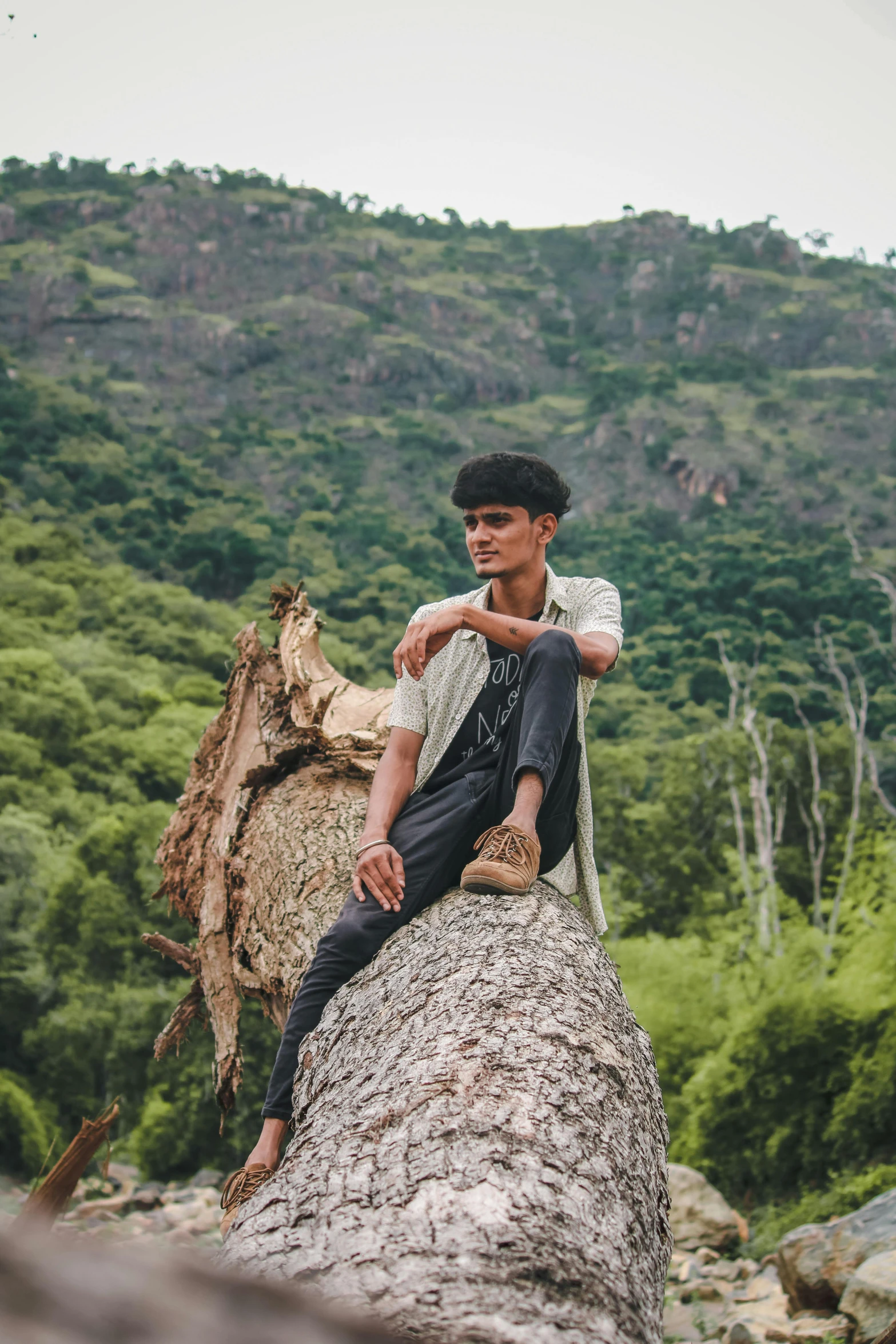 a man sitting on top of a fallen tree