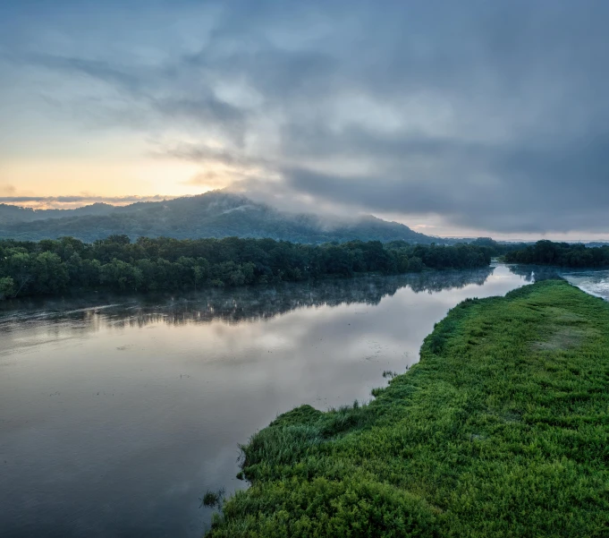 a river is surrounded by grass and fog