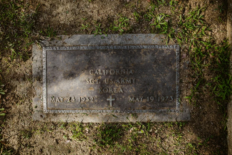 a plaque on a field of grass with a dirt area behind it