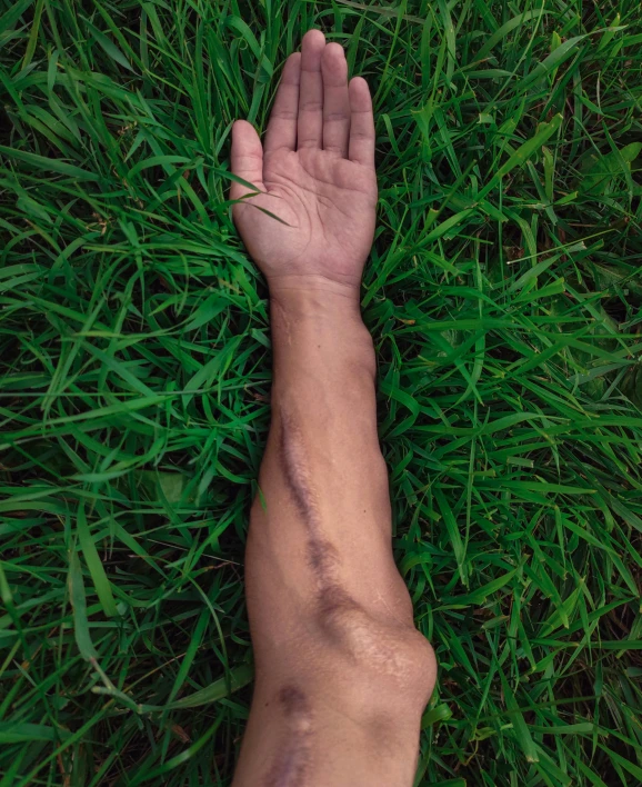 an image of a man in the grass with his arm up