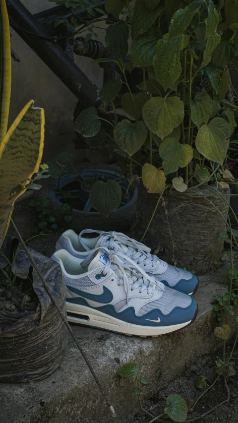 blue shoe with white shoes sits on some stone