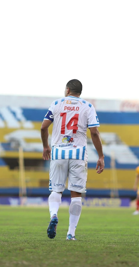 the back of a soccer player running on the field