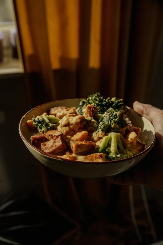 a bowl of food with some kind of meat and broccoli