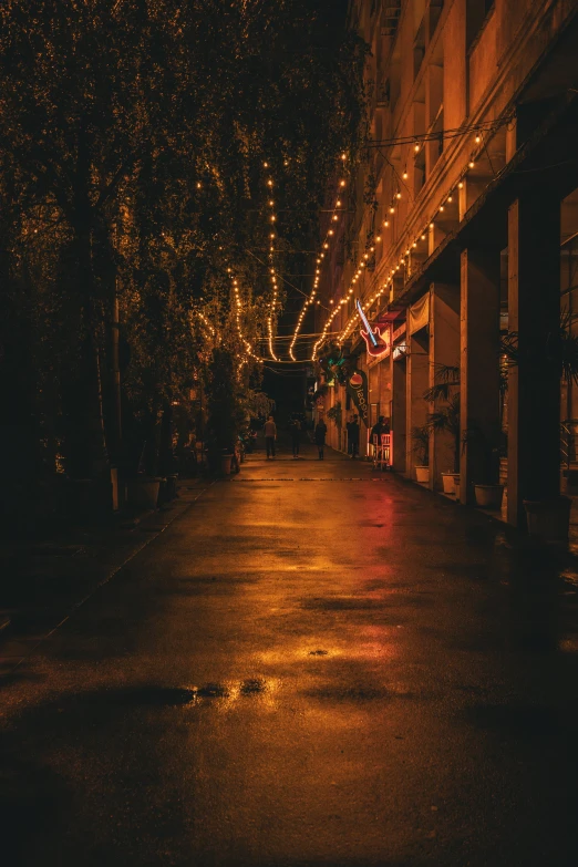 a very long alley that has lights strung all over it