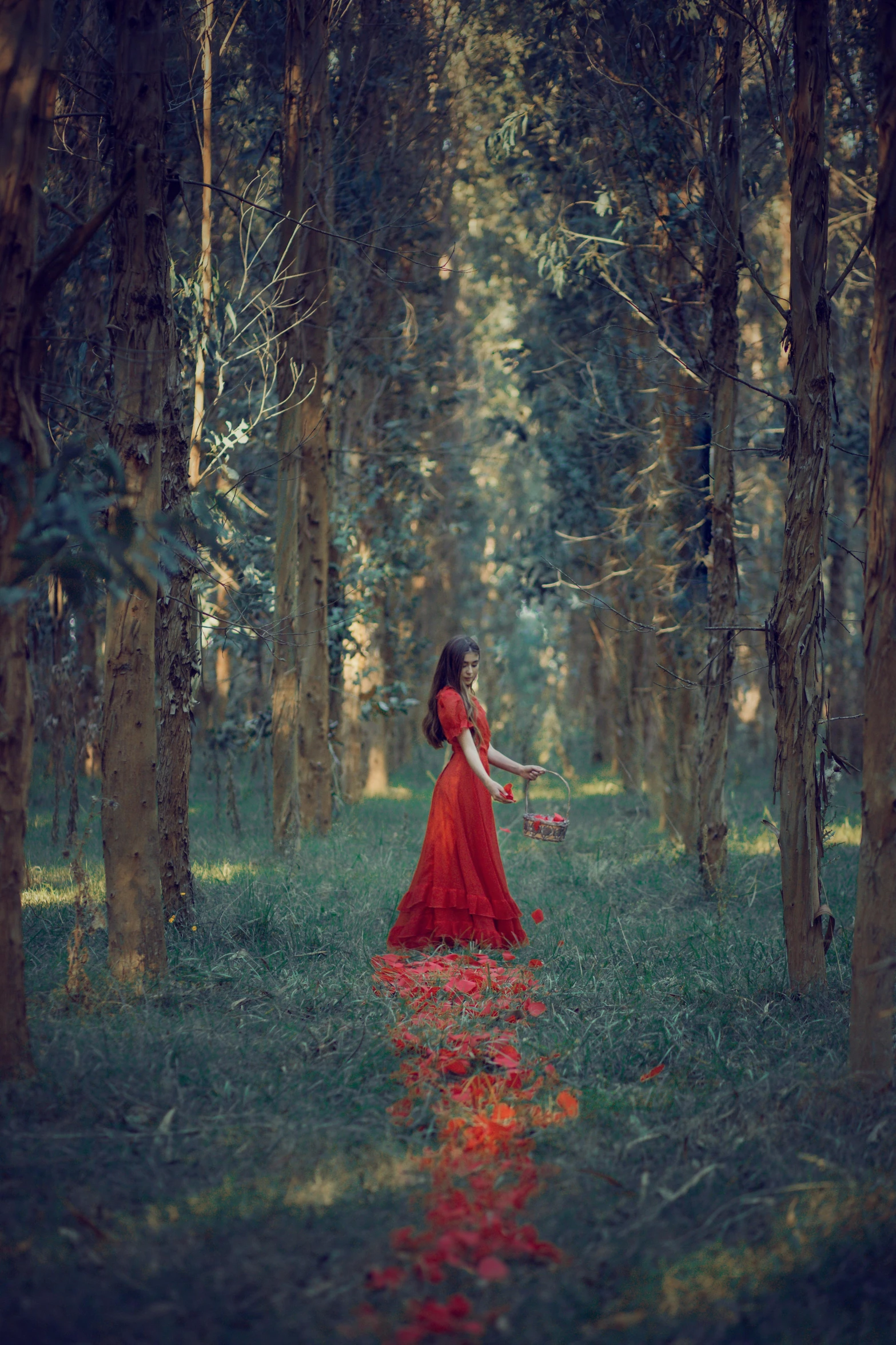 a woman in red dress and crown standing between two trees