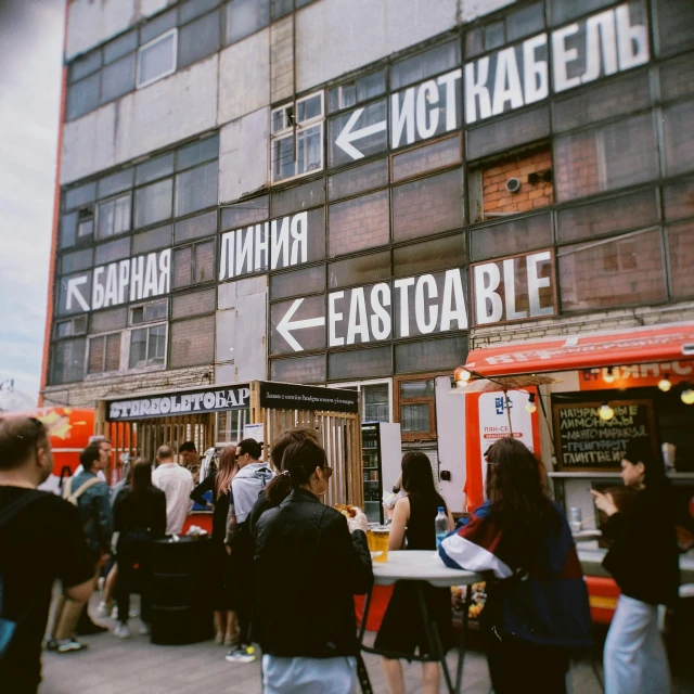 people eating at outdoor restaurant outside a large building