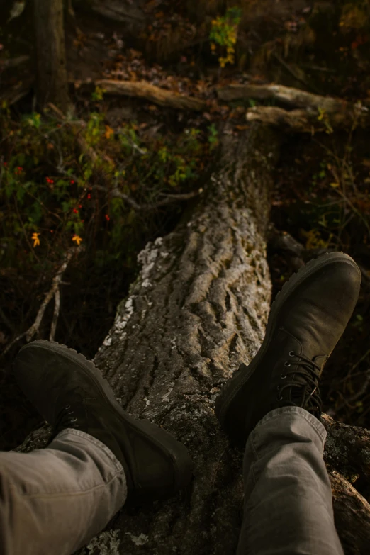 a man that is standing on a log in the woods