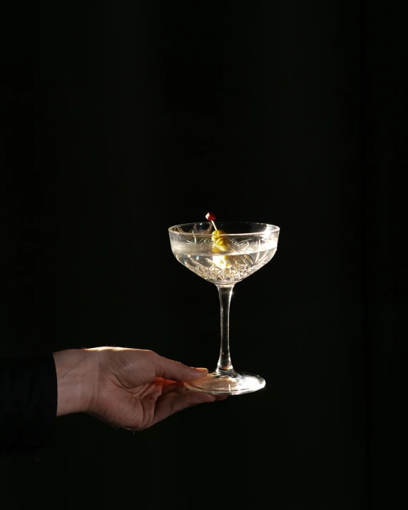 a hand holding up a martini glass with olive in it