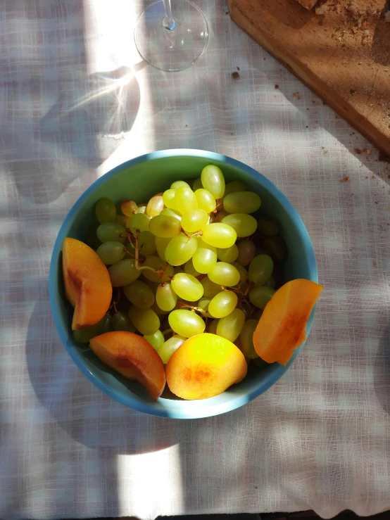 a blue bowl full of gs and oranges on a table