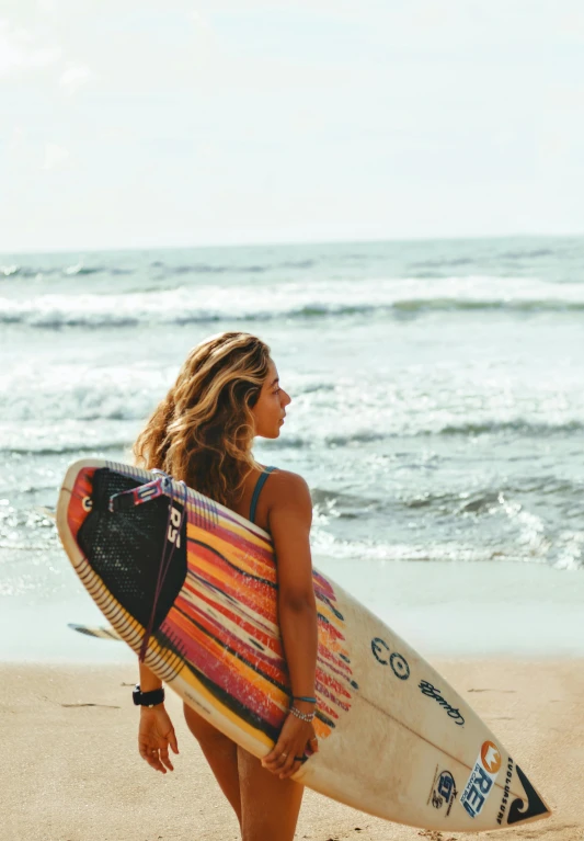 a woman holding a surf board in front of the ocean