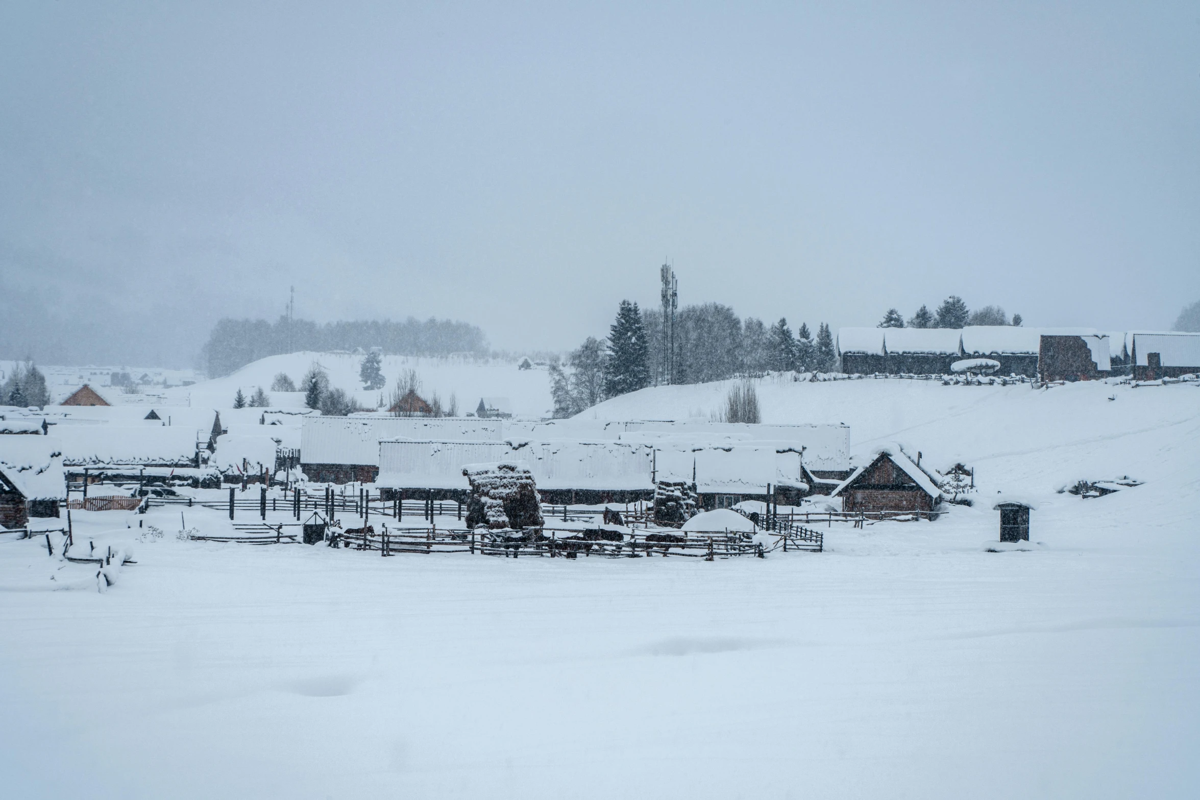 an area covered in snow with buildings and trees