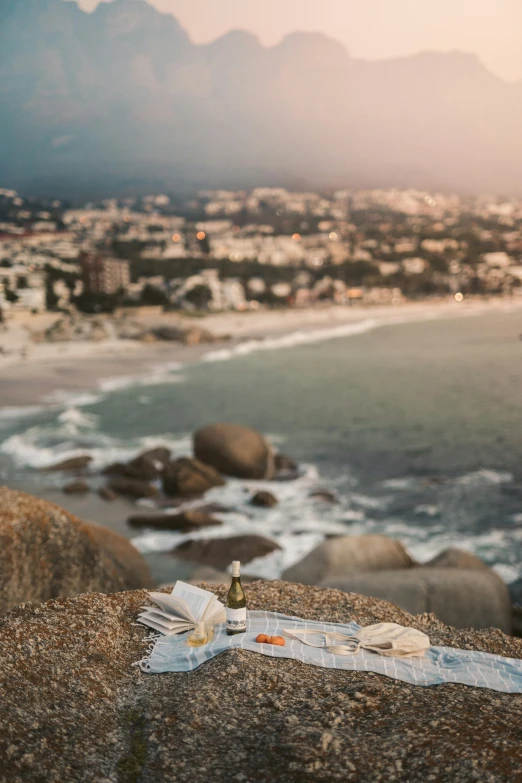 there are two bags in front of the ocean