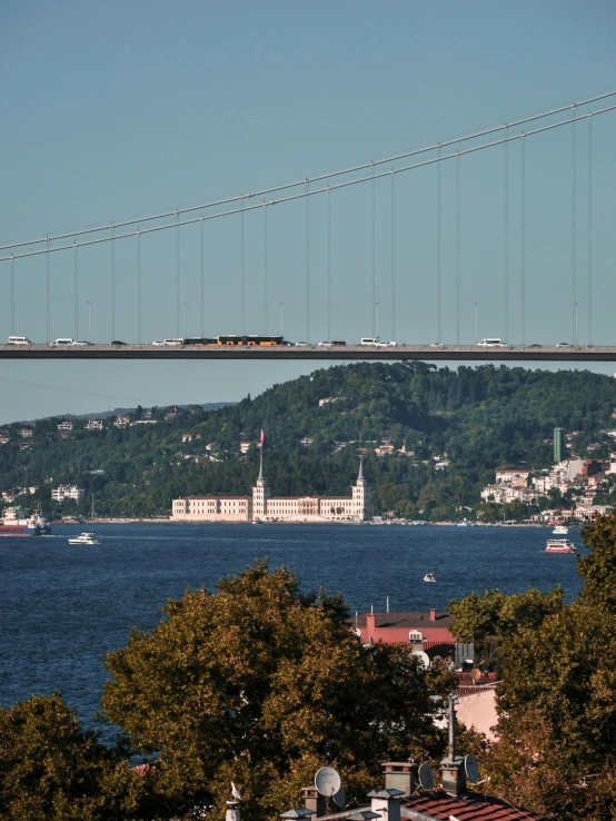 a bridge spanning over the water with several vehicles on it