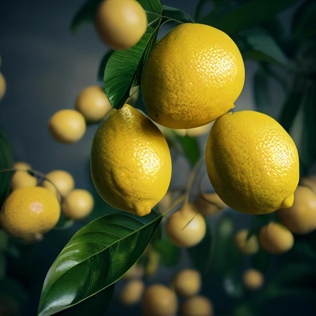 four yellow fruit hanging from green leaves and a gray background