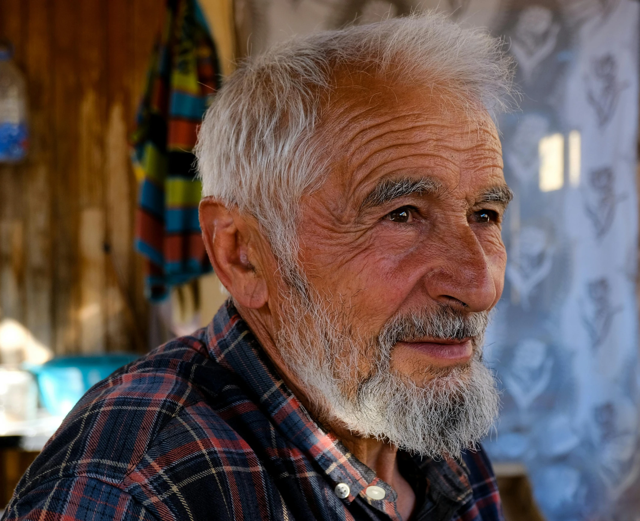 a man with a white beard and checkered shirt looks into the camera