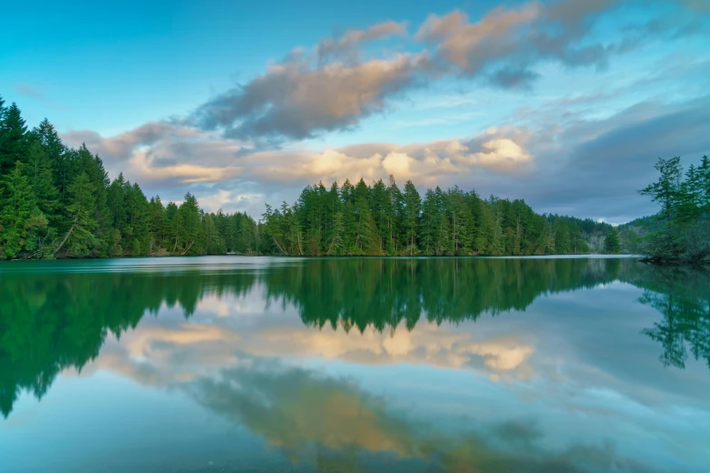 a calm lake surrounded by green trees with clouds in the sky