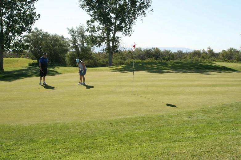 two guys are playing golf on a green field