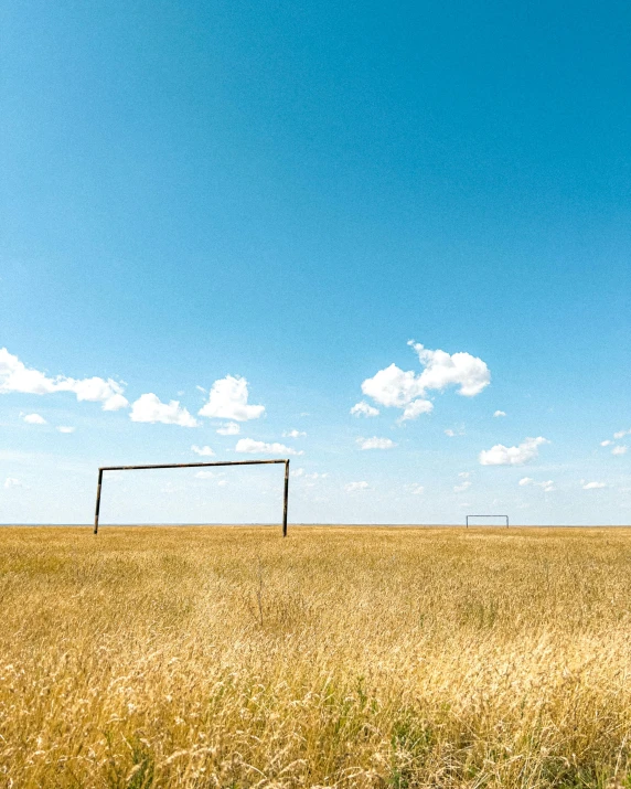 an open field with a soccer goal in the background