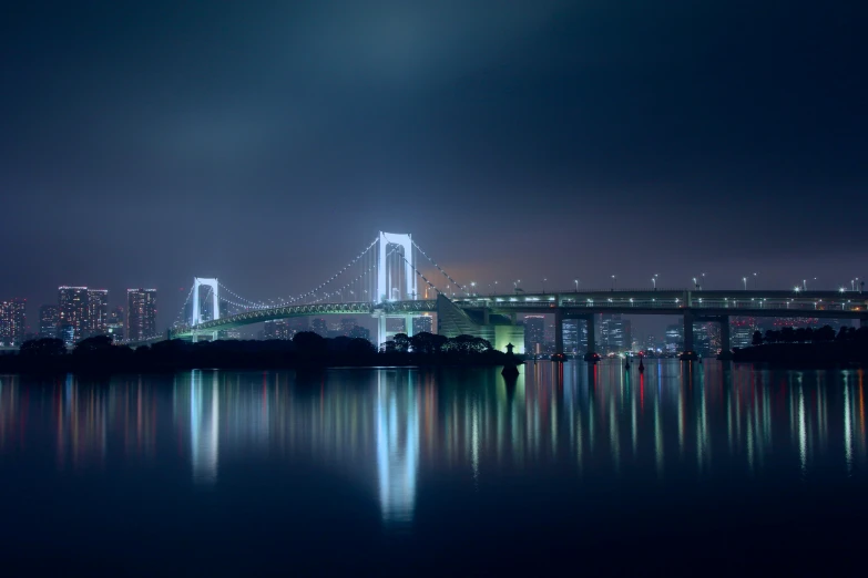 this is an image of the bridge and lights at night