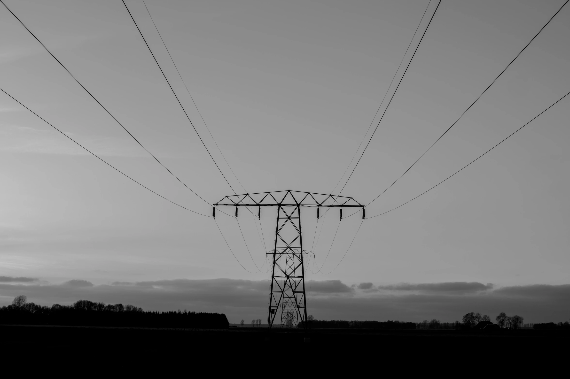 a black and white po of power lines over a field