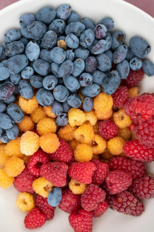 blueberries, raspberries, and yellow berries arranged in a white bowl