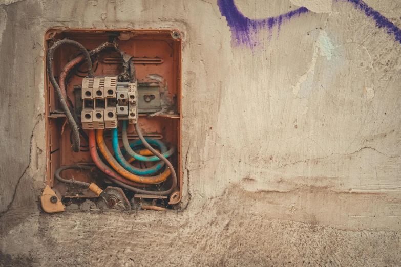 an old electrical box in a dirty building