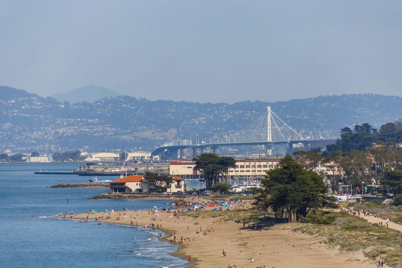 people on a beach with a city in the distance