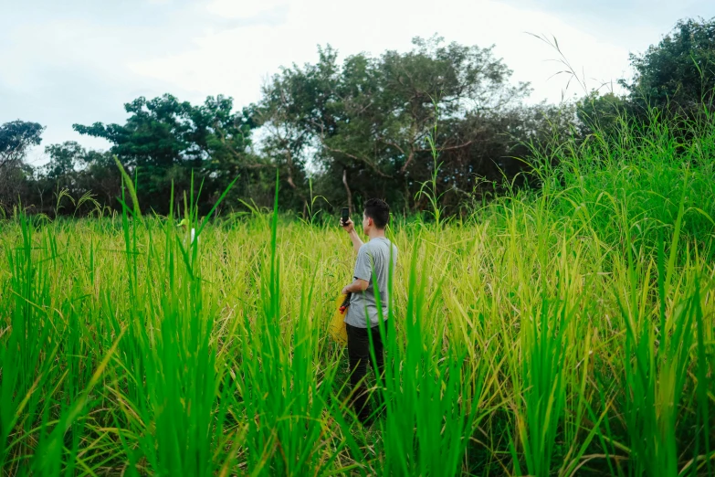 a woman standing in the middle of green grass holding a camera