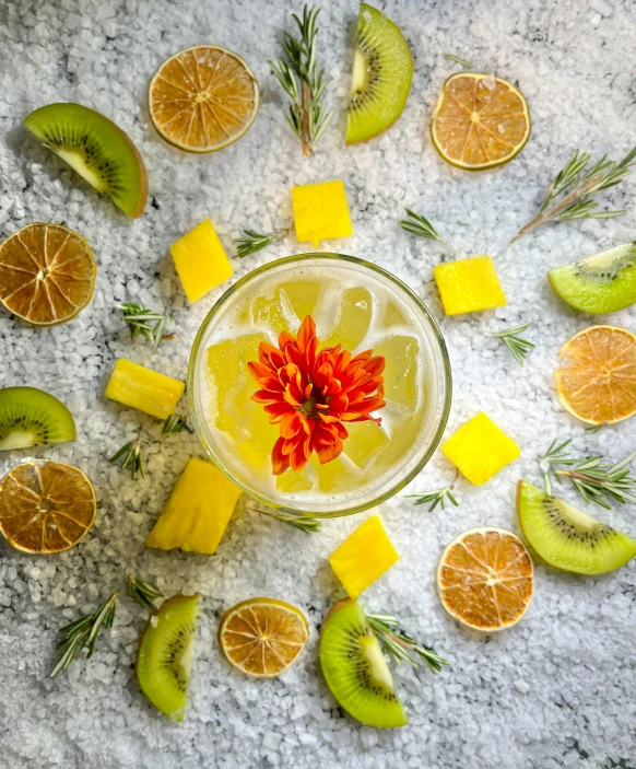 a drink on the table, surrounded by sliced oranges and kiwi