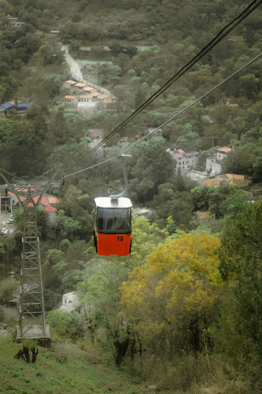 a red trolley car suspended over the trees near town