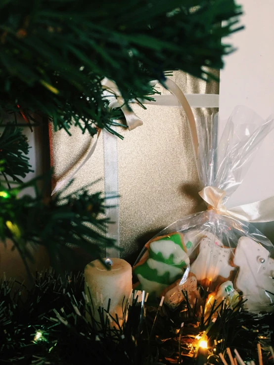 some christmas decorations near a fir tree