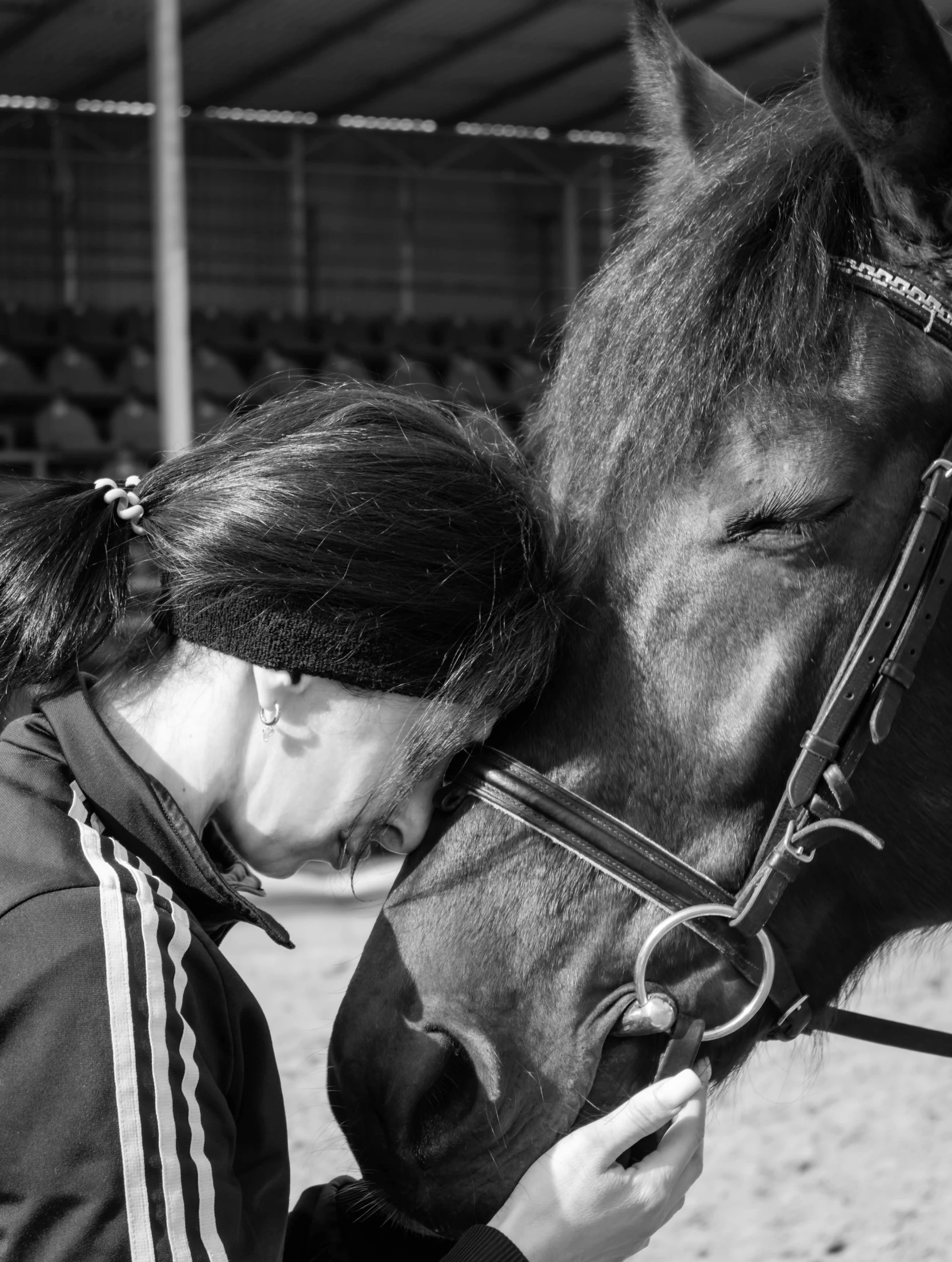 a woman is petting a brown horse