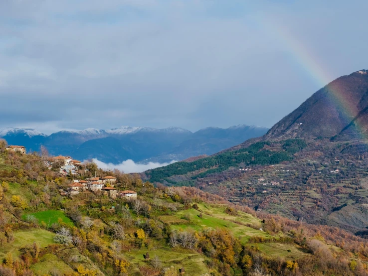 a lush green hillside surrounded by forest and rainbow