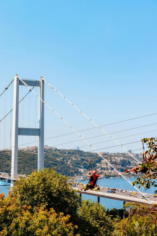 a bridge that is hanging over water on the side of it