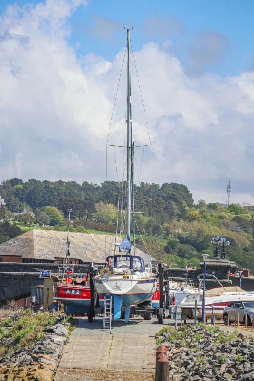 a group of boats are sitting by the shore