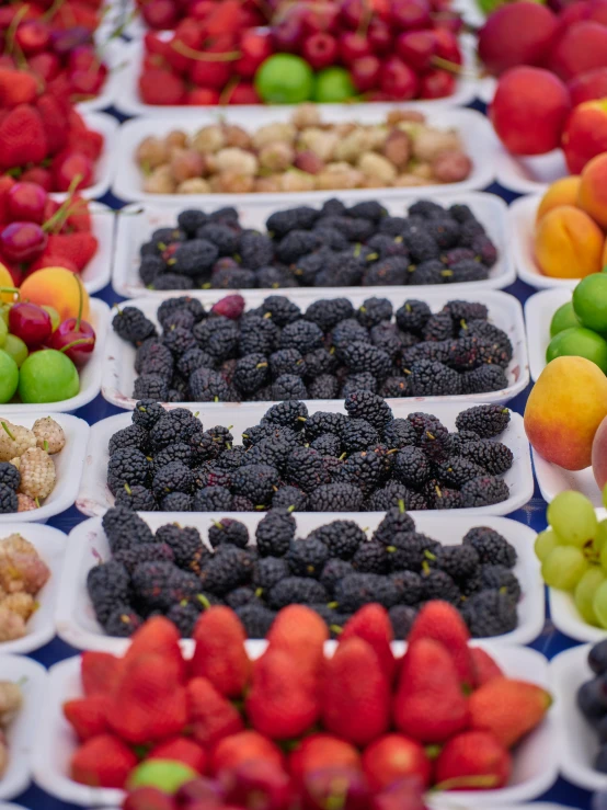 many fruits are placed together in trays