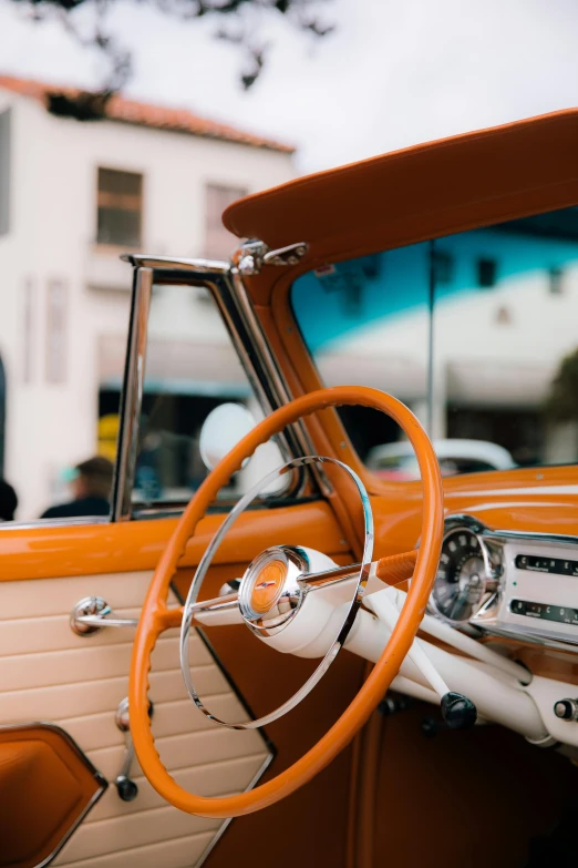 the interior and dashboard of a vintage car