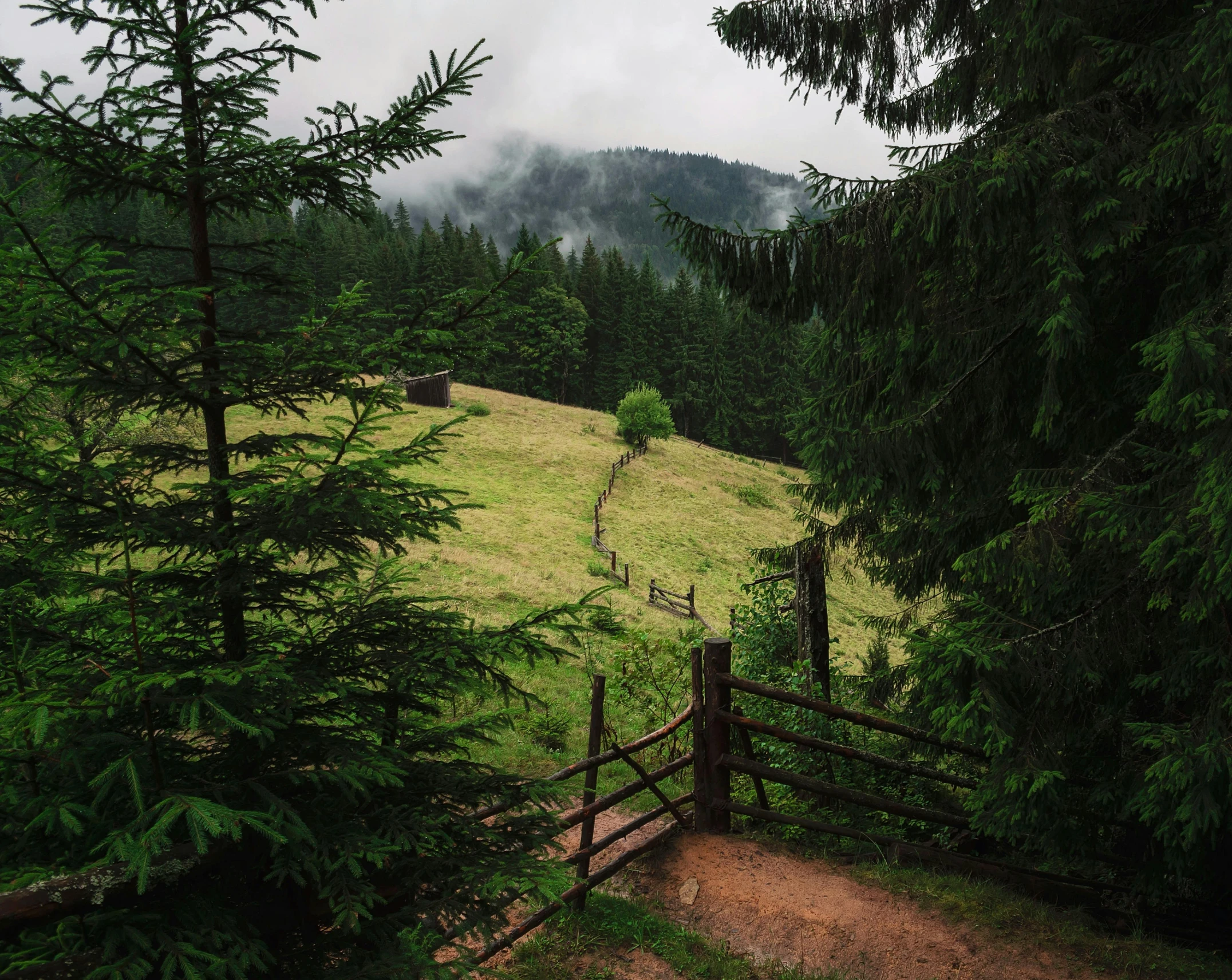 a wooden fence with a mountain background