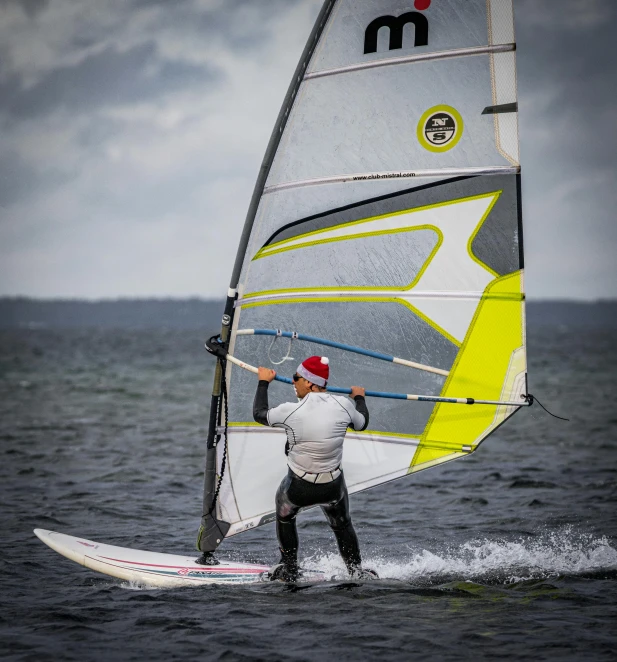 a man riding on the back of a wind surfboard