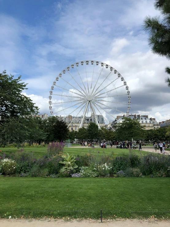 large ferris wheel near grassy area with building and sky in background