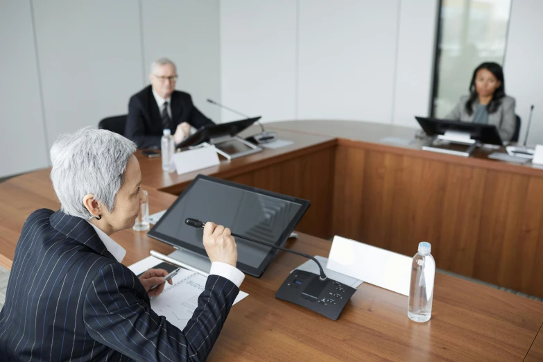 an old lady at a meeting in front of a computer