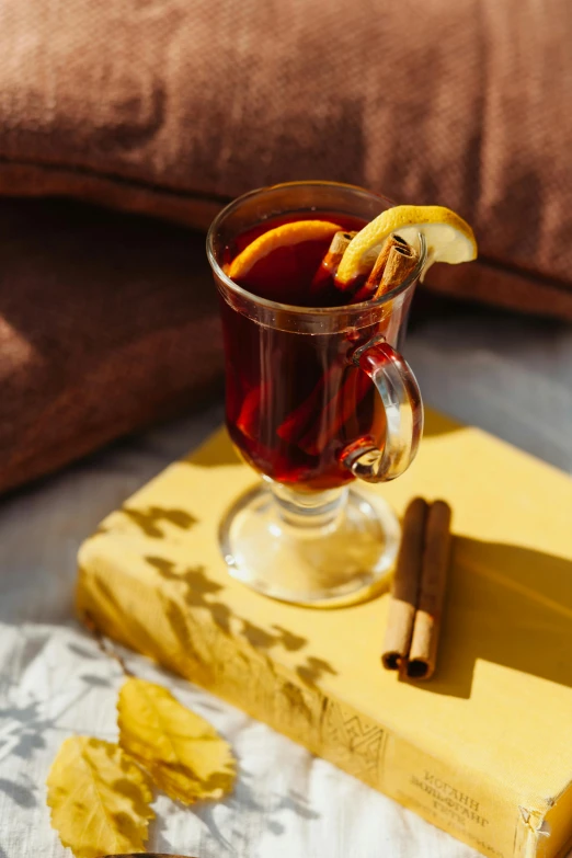 an apple cider in a cup on a plate with cinnamon sticks