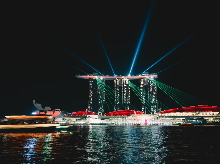 the view of a pier with lights and some boats